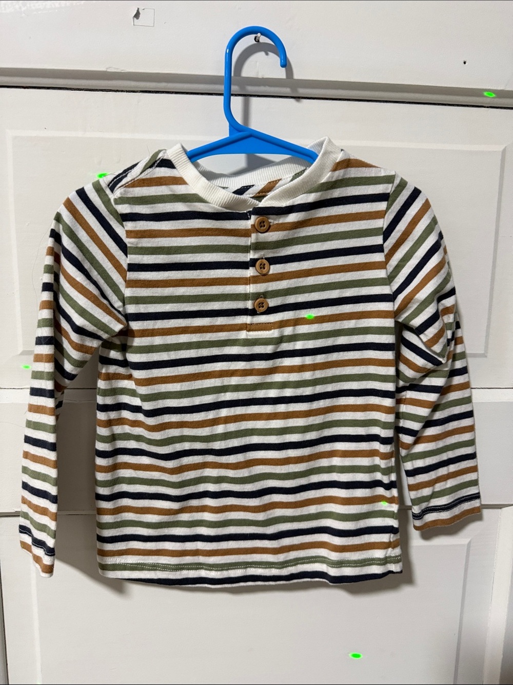 Kids Striped Henley Long-Sleeve Tee in White, Olive & Brown